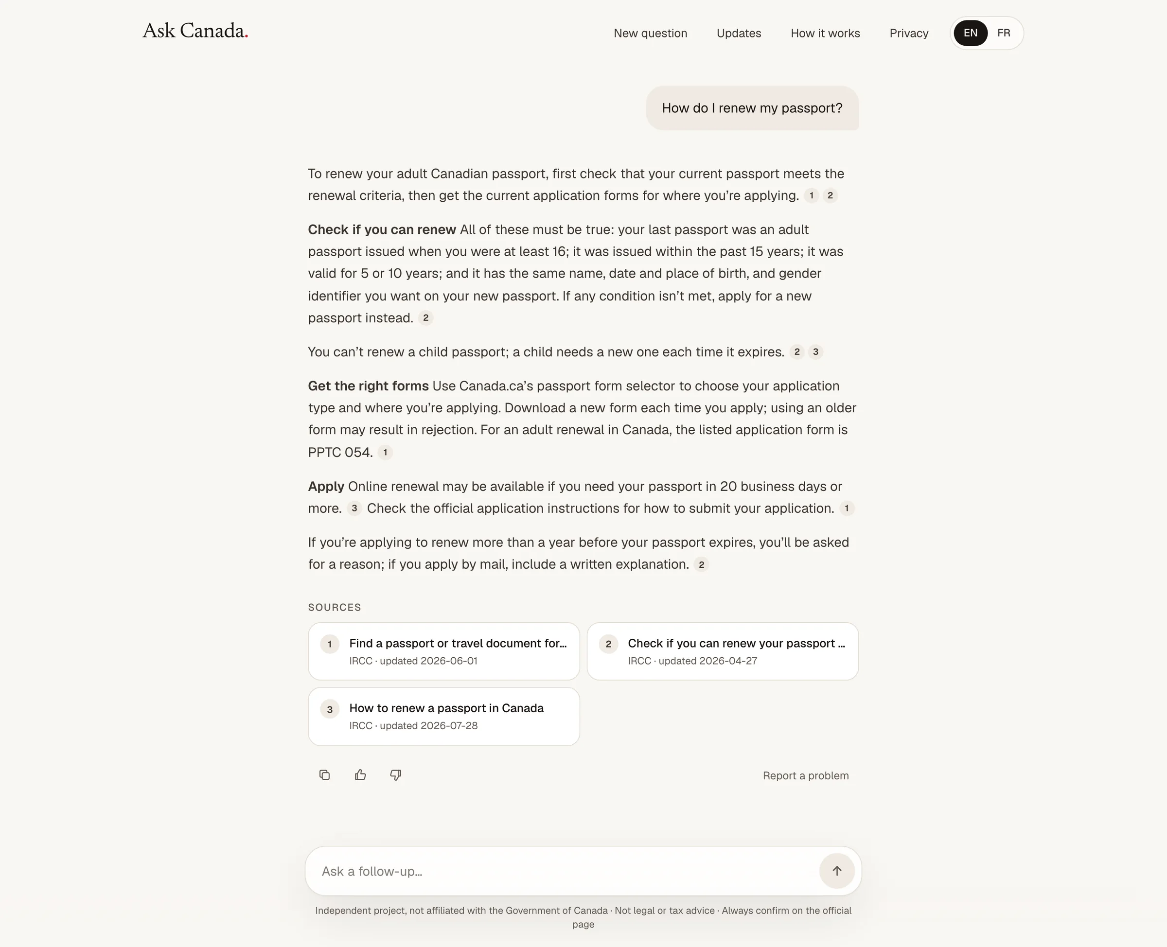 Ask Canada on a computer, answering "How do I renew my passport?" with numbered sources, each showing its department and the date the page was last updated.